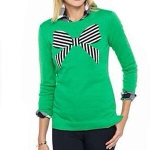 Crown & Ivy Womens M Pullover Sweater 100% Cotton Bow Print Crewneck Green